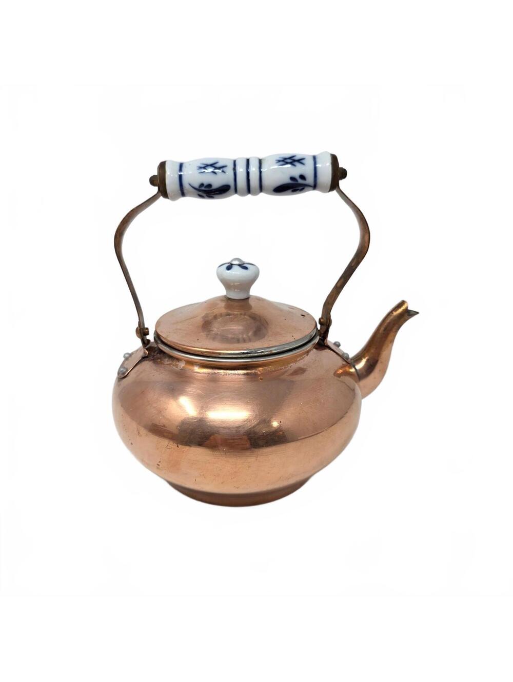 Vintage Copper Tea Kettle Blue White Porcelain Handle Cottage Kitchen Decor